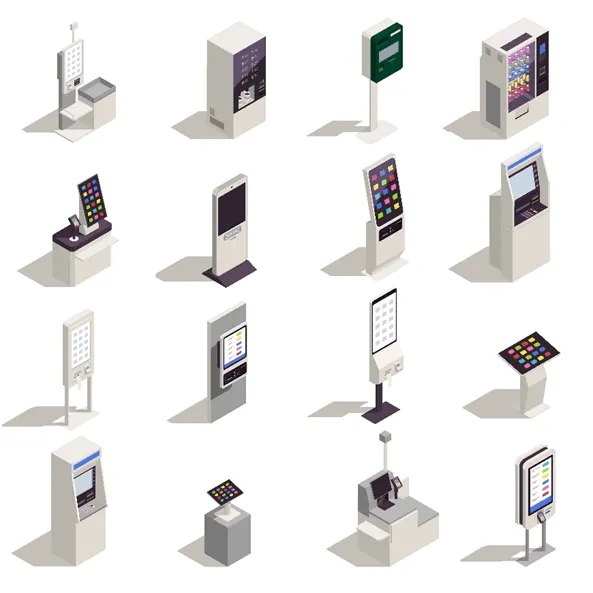 Isometric illustration of sixteen different kiosk and vending machine form factors.