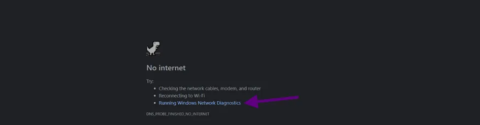 Windows "No internet" error page with an arrow pointing to the Running Windows Network Diagnostics link.