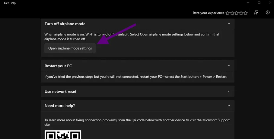 Windows Get Help panel, Turn off airplane mode section expanded, arrow at the Open airplane mode settings button.