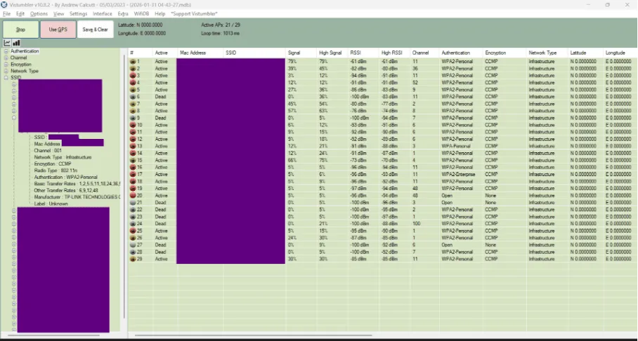 Vistumbler screenshot listing detected Wi-Fi access points with signal, channel and encryption columns, details redacted.