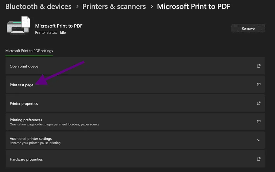 Windows printer settings for Microsoft Print to PDF, with an arrow pointing at the Print test page option.
