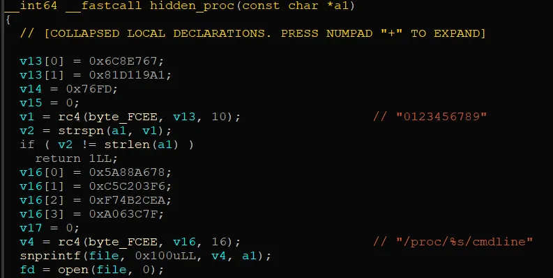 Decompiler view of hidden_proc opening /proc/PID/cmdline after RC4-decrypting the path template.