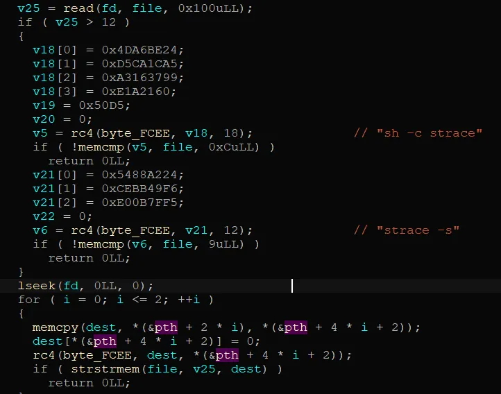 Decompiler view of hidden_proc reading cmdline content and comparing it against RC4-decrypted strace markers.