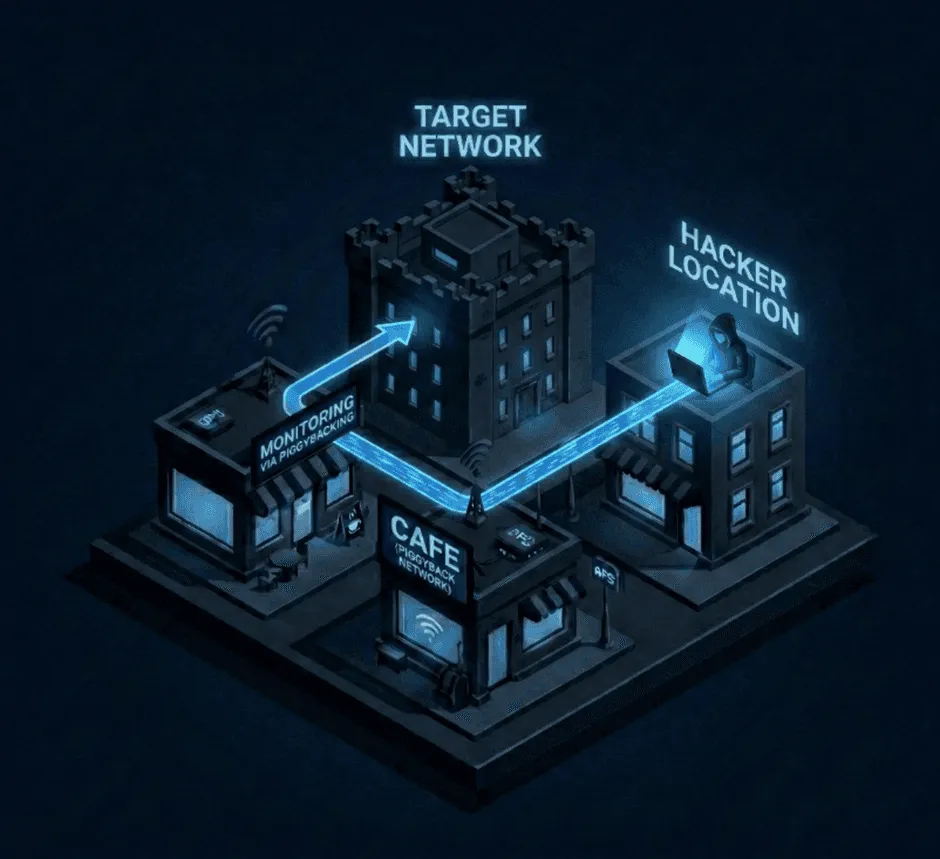 Isometric illustration of a piggybacking attack, a hacker connecting to a target network through a cafe's Wi-Fi.