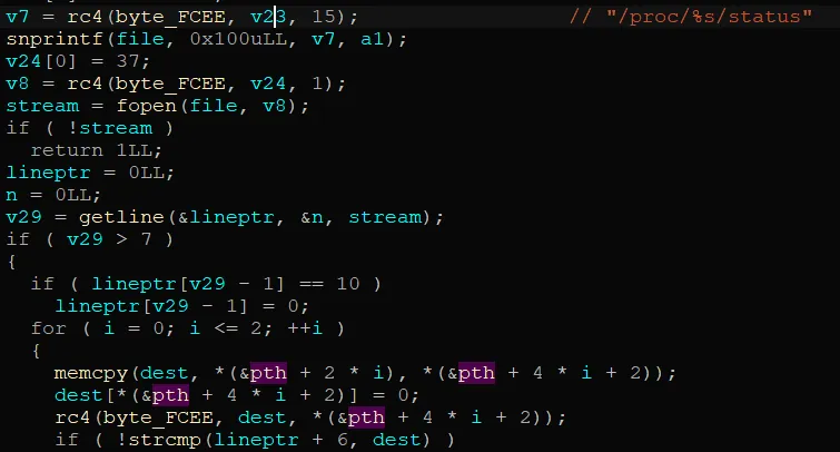 Decompiler view of hidden_proc checking the /proc/PID/status file against the blacklisted process list.