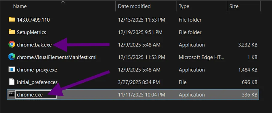 File explorer showing chrome.bak.exe and a renamed chrome.exe file, both marked with arrows.
