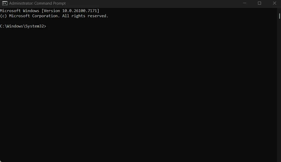 Terminal output of an Administrator Command Prompt freshly opened at C:\Windows\System32.