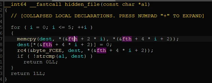 Decompiler view of the hidden_file function comparing a filename against six RC4-decrypted blacklisted entries.