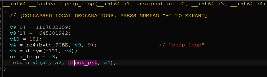 Decompiler view of the hooked pcap_loop function resolving the original symbol and calling it with a check_pkt filter.