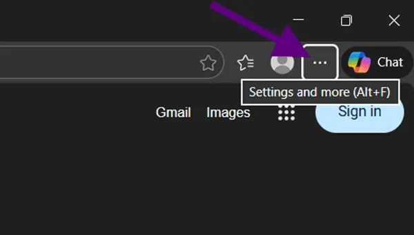 Edge browser toolbar with an arrow pointing at the Settings and more (Alt+F) menu button.