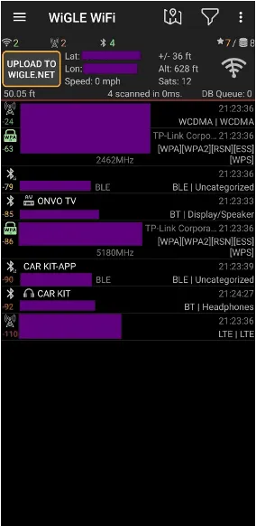 WiGLE WiFi app screenshot listing nearby Wi-Fi and Bluetooth devices with signal bars, names and coordinates redacted.