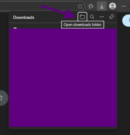 Edge Downloads panel with an arrow pointing at the Open downloads folder icon.