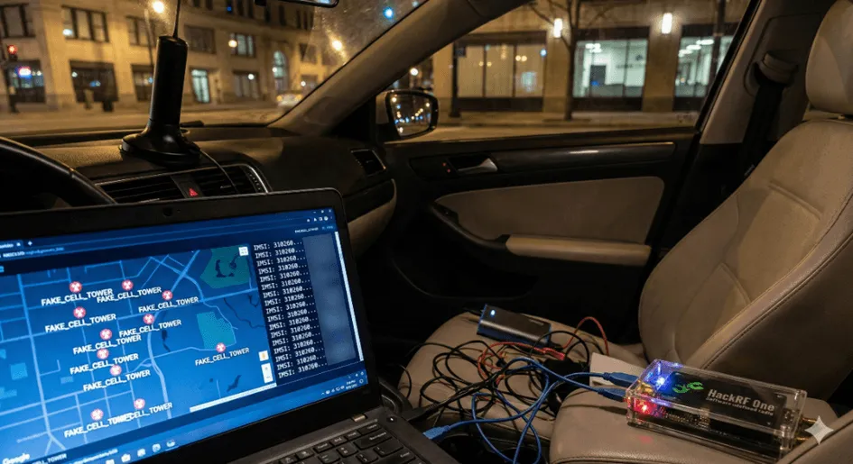 Photo of a car interior at night with a laptop mapping fake cell towers and IMSI numbers next to a HackRF One SDR.