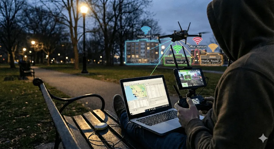 Photo of a hooded person on a park bench flying a drone, with an overlay labeling nearby networks like Victim_WiFi_1.