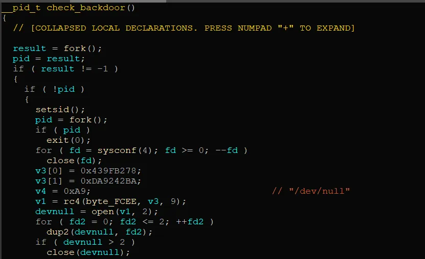 Decompiler view of check_backdoor double-forking and redirecting file descriptors to /dev/null.