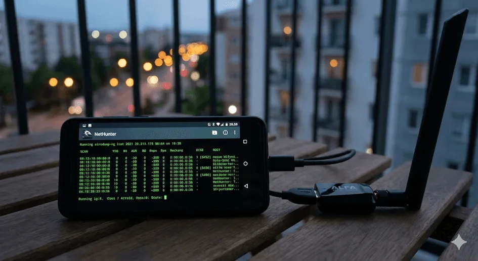 Photo of a phone running Kali NetHunter with airodump-ng output, connected to an external Alfa Wi-Fi antenna.