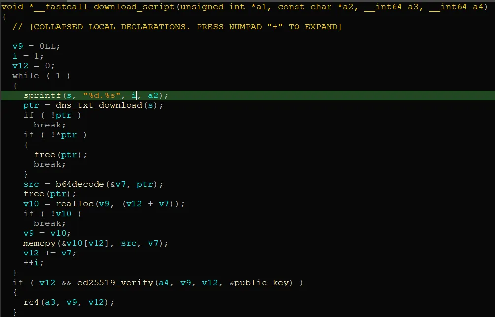 Decompiler view of download_script fetching base64 chunks over DNS TXT records and verifying them with ed25519_verify.