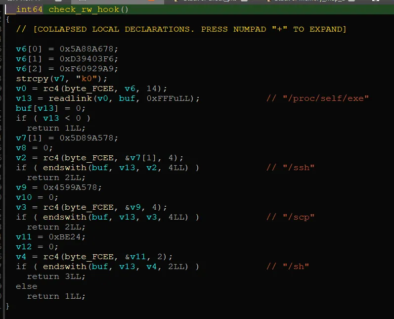 Decompiler view of check_rw_hook reading /proc/self/exe and matching it against ssh, scp and sh binaries.